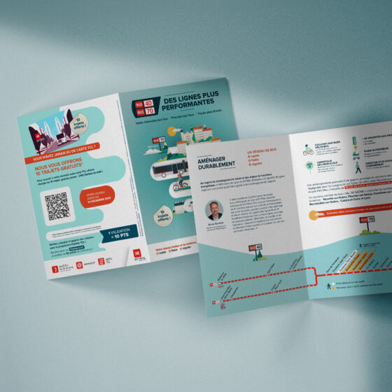 Flyer 4 pages de la campagne nouvelles lignes de bus TCL pour KEOLIS